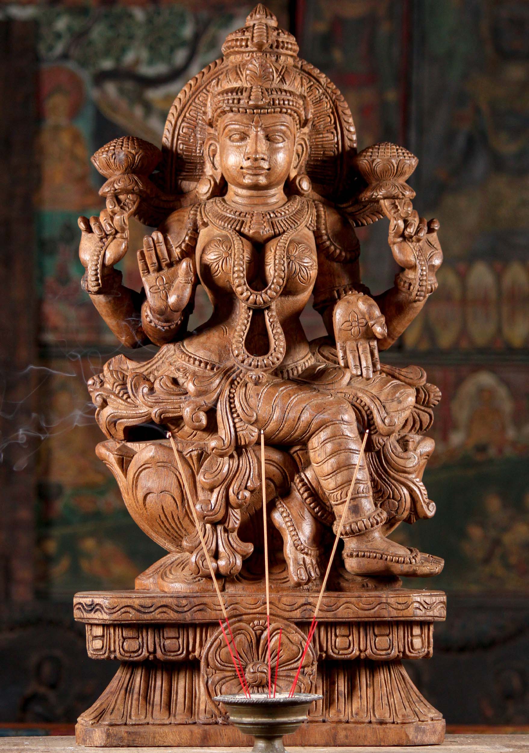 Wooded Abhaya Mudra Goddess Lakshmi Statue Seated with Legs Crossed on a Lotus Base 30"